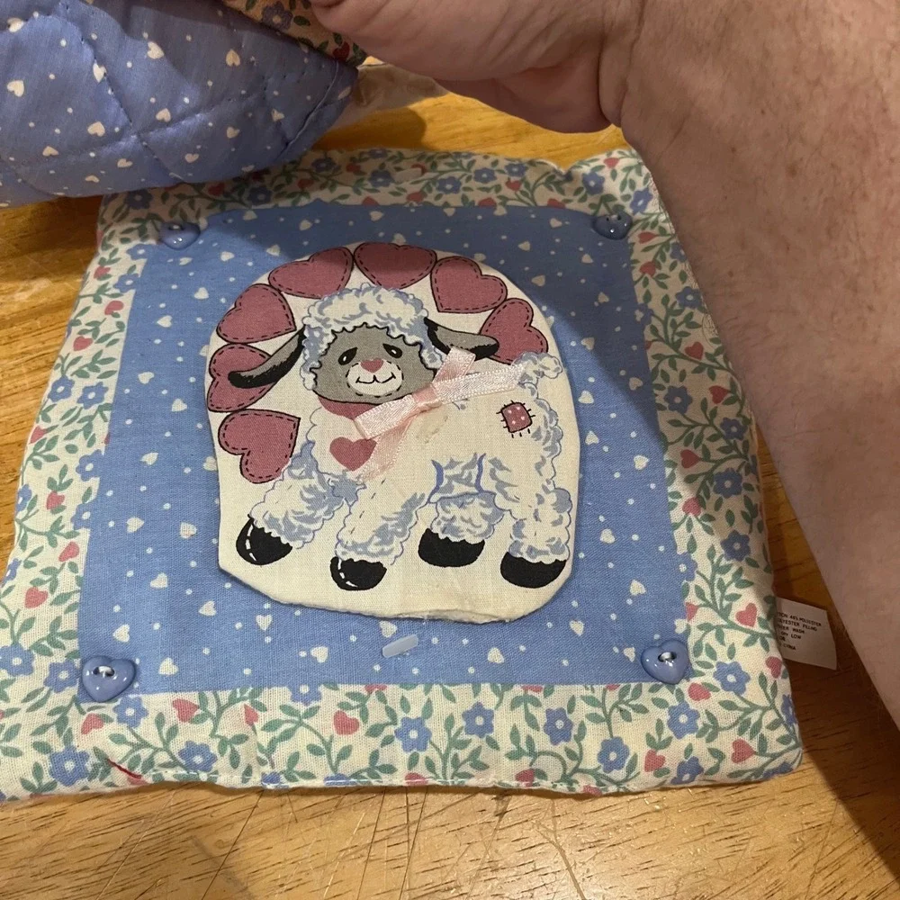 Vtg Superba Sheep Applique Oven Mitt Potholder Set Blue Heart Floral Country 90s
